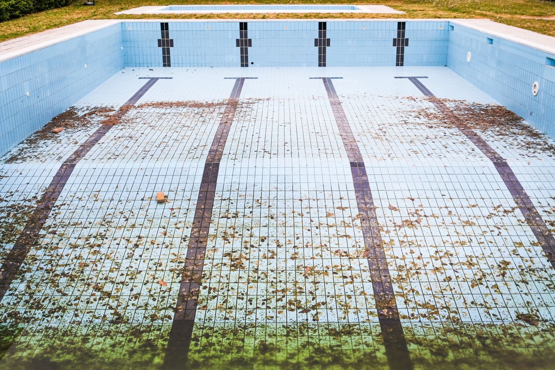 An empty outdoor swimming pool with stained tiles and green growth along the edges.